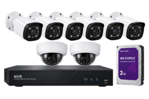 8 camera CCTV security system with 6 bullet cameras, 2 dome cameras, 8-channel NVR and 2TB hard drive